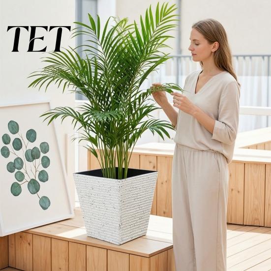 Heavy Duty Garden Pot Square Plastic Flower Pot, Stone-Look Planter with Drainage Hole, Modern Plant Minimalist Style Container for Indoor Outdoor