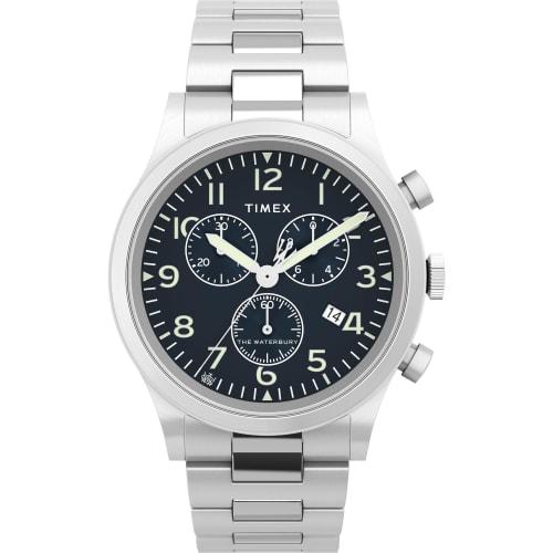 TIMEX Waterbury Traditional Chrono Watch, Men's, Silver, Black Dial, Stainless Steel, Mineral Glass, Quartz Movement, TW2W48200