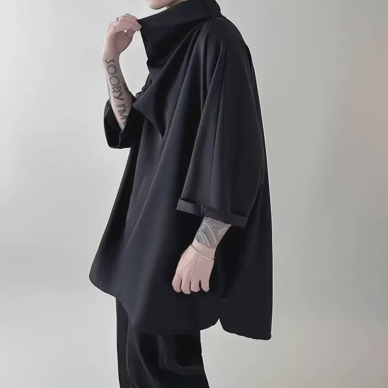 2024 Hochwertiges Herren-T-Shirt im chinesischen Stil mit lockerem Drapierung und hohem Kragen