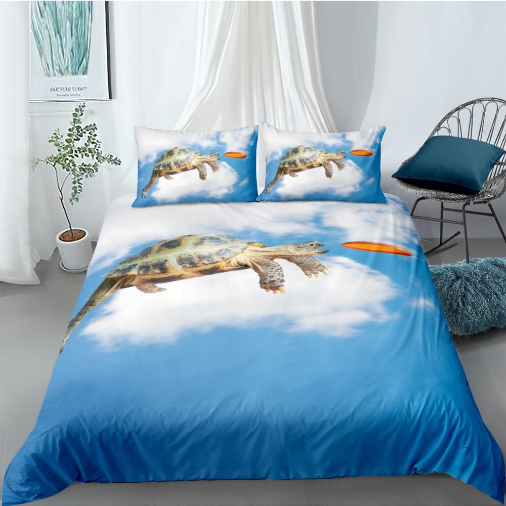 Ocean Duvet Cover Set Queen Double Size Polyester Ocean Animals Fishes Tortoise And Rainbow Color Coral Printed Comforter Cover