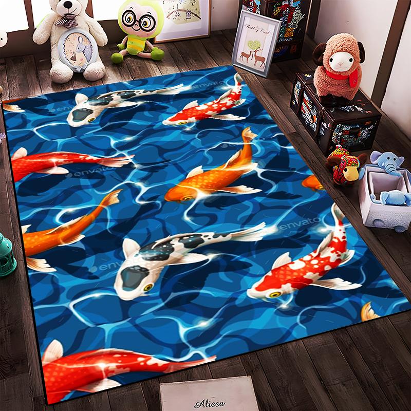 Colorful Koi Fish Carpet with Blue Water Design, Modern Home Decor Suitable for Use As an Anti-slip for Living Room Bedroom Sofas