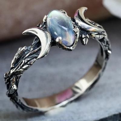 Huitan Imitation Moonstone Moon Vintage Rings for Women Olive Branch Design Band Chic Female Finger Rings Gift Unique Jewelry