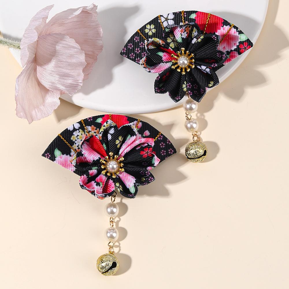 2Pcs Japanese Fan Hair Clip Sakura Ribbon Barrette Pearl Dangle Hairpin For Girls Women Children Headdress Headwear Accessories