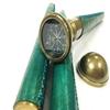 Baston antic din lemn de epocă cu mâner din alamă și mâner rotund pentru busolă cu baston de lemn mărginit din piele verde