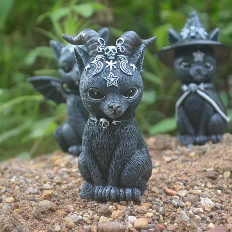 1PC Hand-Painted Black Cat Statue - Mysterious Cute Witch Cat Figurine Halloween Desk Ornament Witches Decor