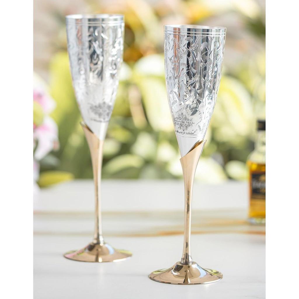 Silver Plated Goblet Flute Wine Glass with Blue Box, Best for Parties, Diwali Gift Item, 200 ML Each, Set of 2