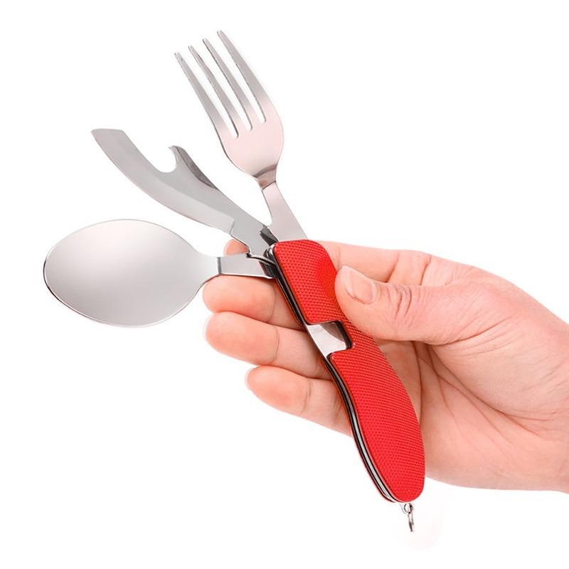 4-in-1 Stainless Steel Spoon Knife Fork Bottle Opener Foldable Pocket Kit Outdoor Cutlery Set Foldable Portable Compact