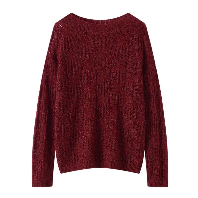 Korean Style Women's Cashmere Lyocell Round Neck Hollow Knit Sweater