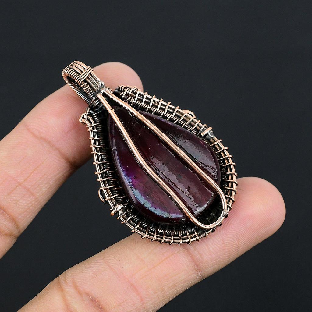 Red Flash Labradorite Pendant, 999 Copper Wire Wrapped Jewelry, Gemstone Jewelry Pendant, Handmade Wedding Gift Jewelry
