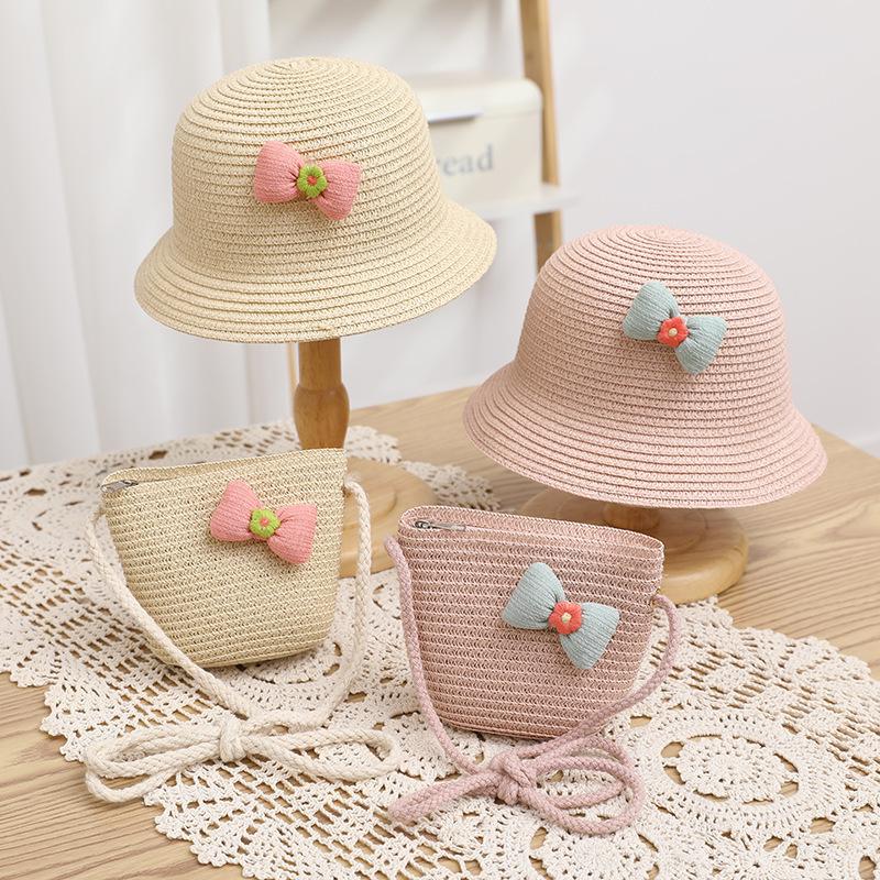 Children's sun hat baby summer straw hat breathable sun protection cute sun hat bag set