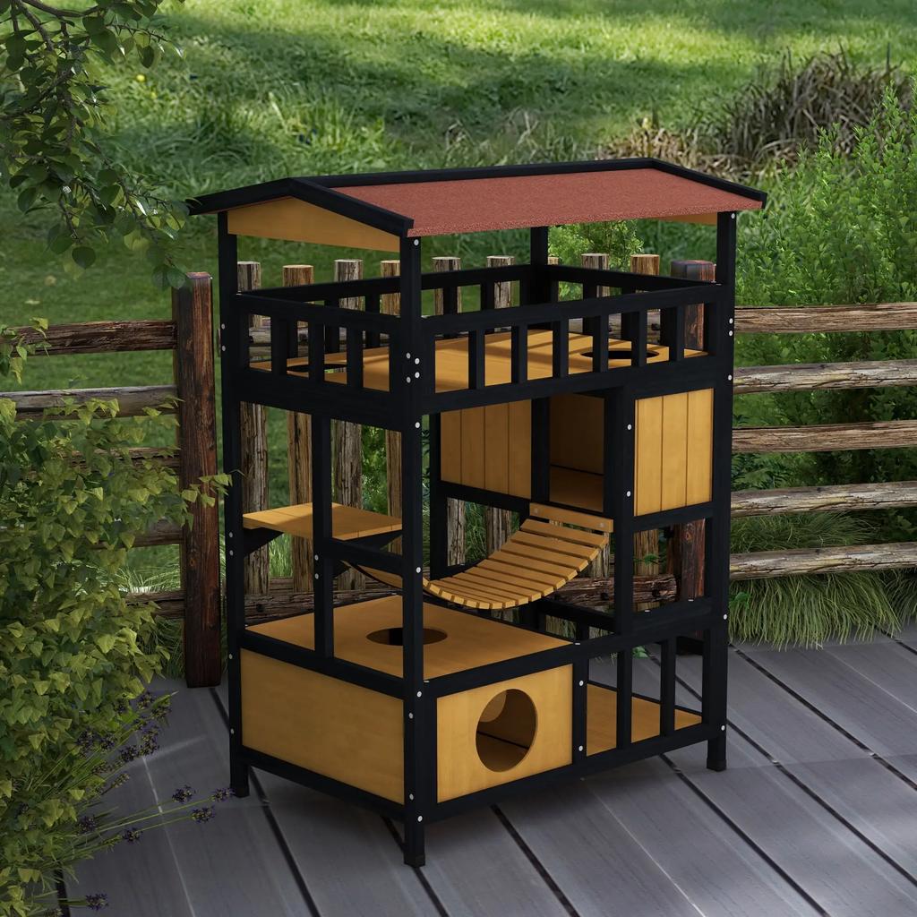 PawHut Cat House, Cat Paradise with Platforms, Hanging Bridge and Hideouts for up to 2 Cats, Wood