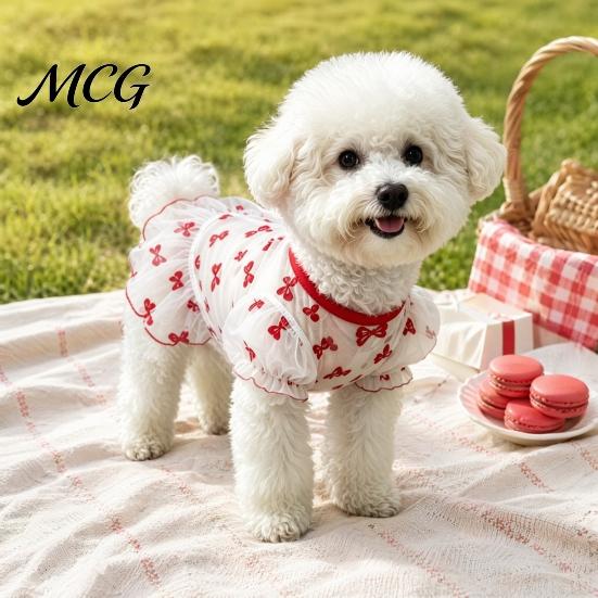 Bow Pattern Pet Dress Sheer Mesh Dog Dress, Ruffled Cute Bowknot Loose Puff Sleeve Sleeve, Breathable Summer Outfit for Small Dogs