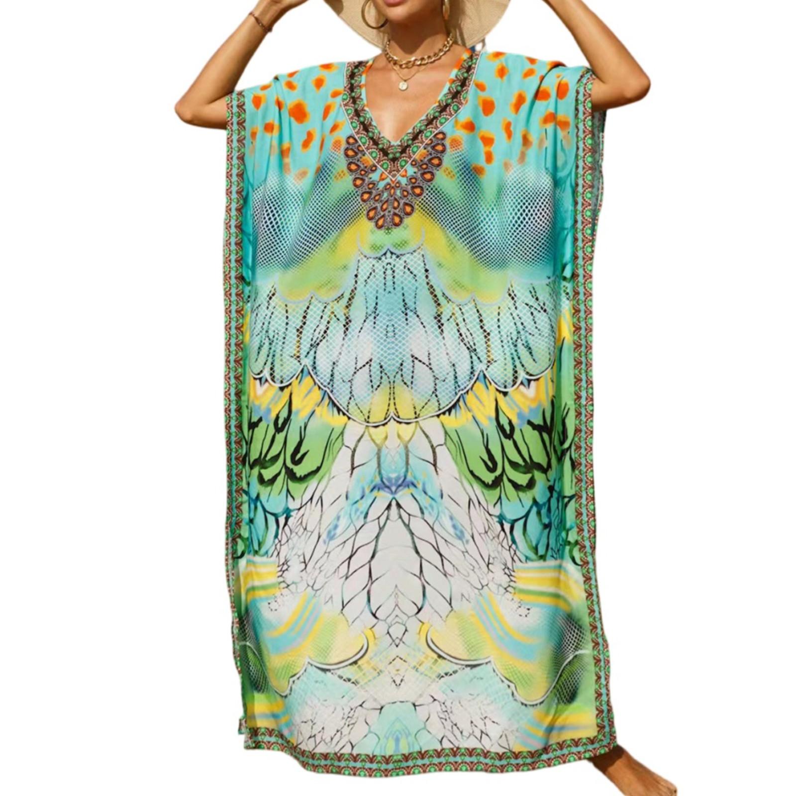 

Женское платье, красочные цветочные принты, свободный халат для отпуска, бикини, защитный халат от солнца One Size зелёный