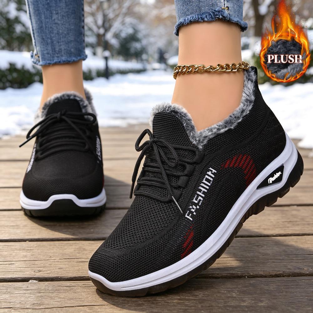 Women Winter Fleece Lined Fly Woven Mesh Sneakers, Soft Sole Warm Casual Walking Sports Shoes