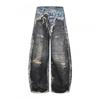 Mens Distressed 3D Printed Wide Leg Straight Cut Denim Jeans - Relaxed Fit Streetwear Style