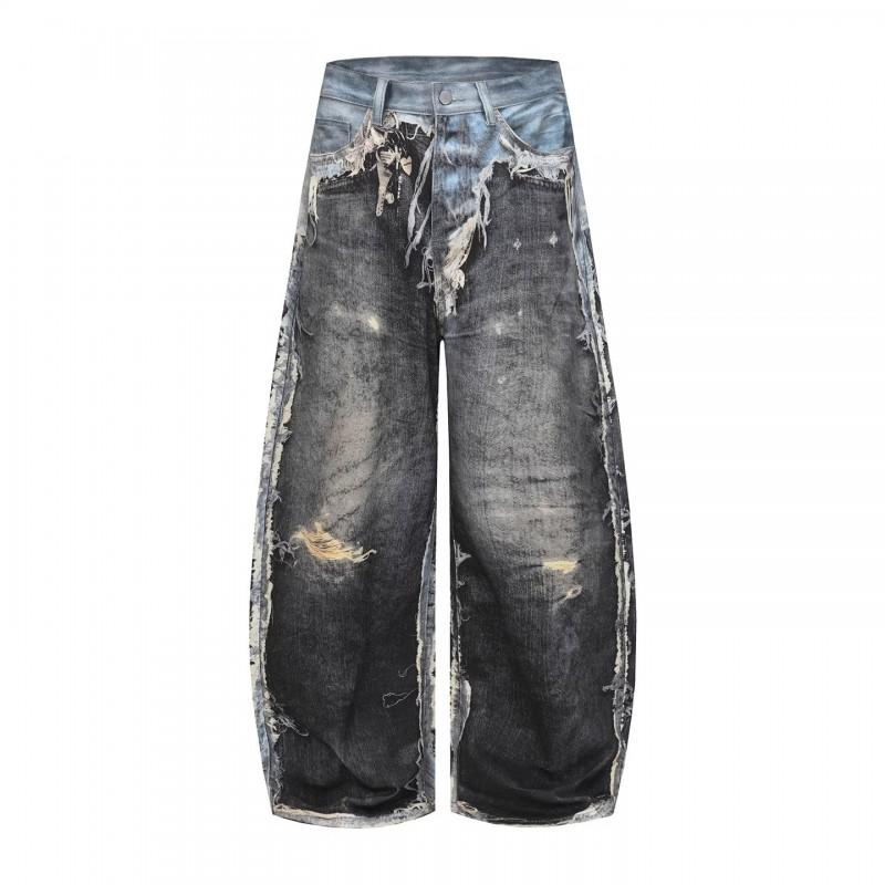 Mens Distressed 3D Printed Wide Leg Straight Cut Denim Jeans - Relaxed Fit Streetwear Style