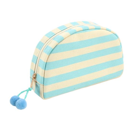 Gestreifte Muschel Kosmetiktasche Canvas Reise Make-up Organizer Tragbare Niedliche Make-up Tasche mit Pompoms für Frauen Mädchen Toilettenartikel