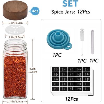 12Pcs Glass Spice Jars with Labels  4 Oz Square Spice Containers with Acacia Wood Lids Pen Funnel Seasoning Jars for Spice