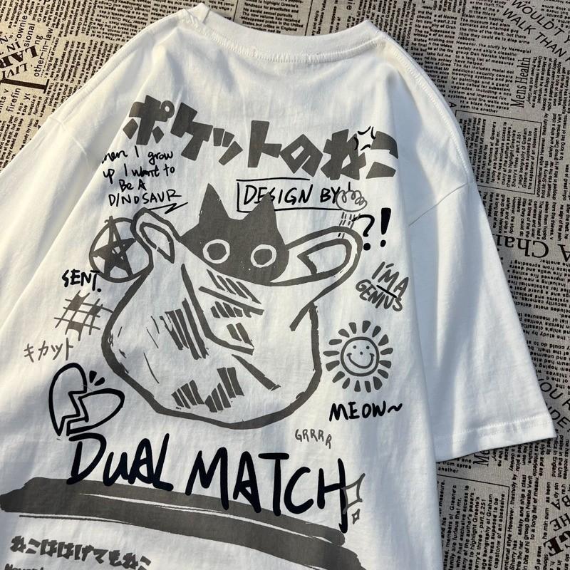 

Summer Retro Pocket Cat Cartoon Printed Short Sleeve Women Tshirt Male Female Couples Unisex College Style Oversized Top S