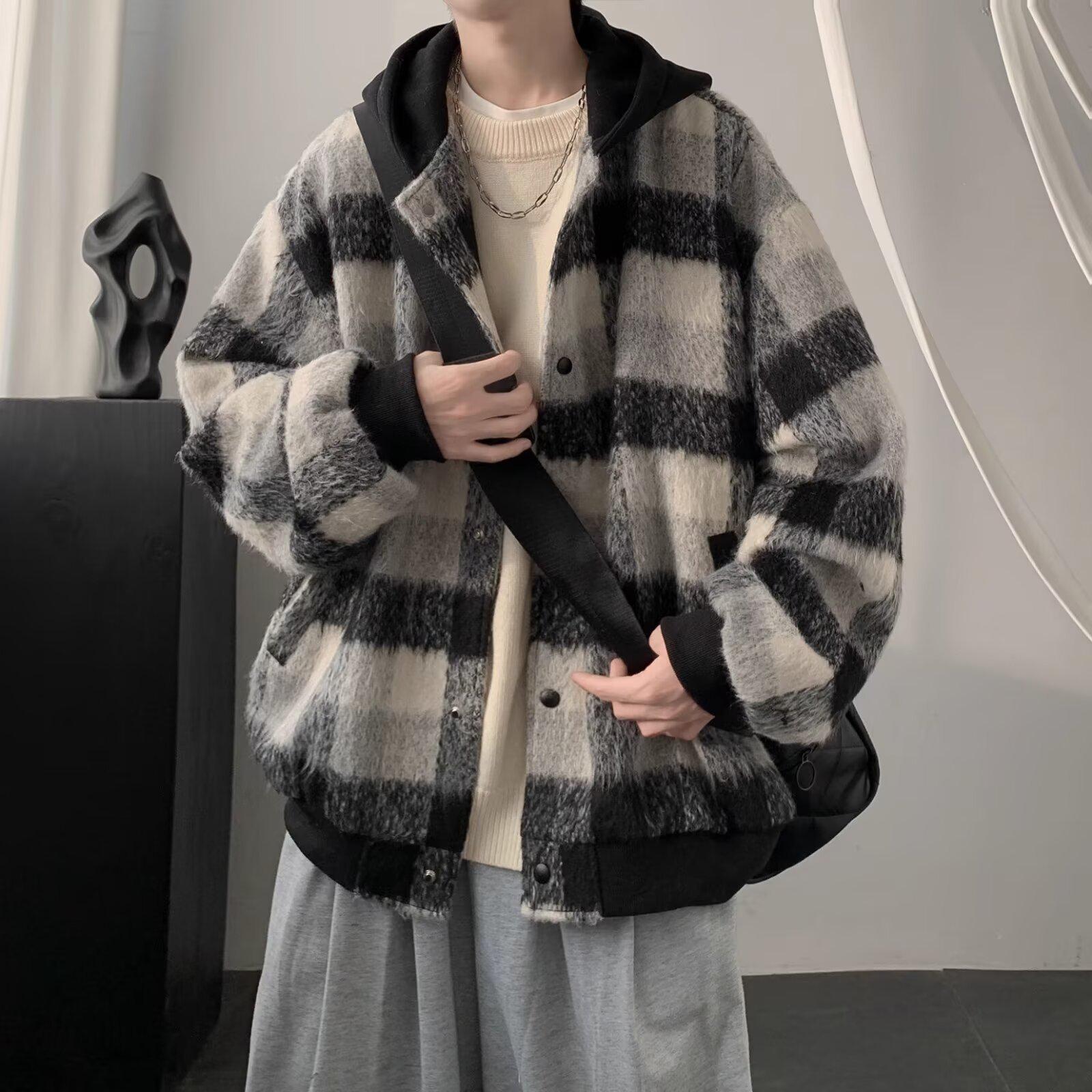 

Men s Plaid Wool Cotton Hooded Jacket: Trendy Korean-Style Winter Coat 3XL чорний