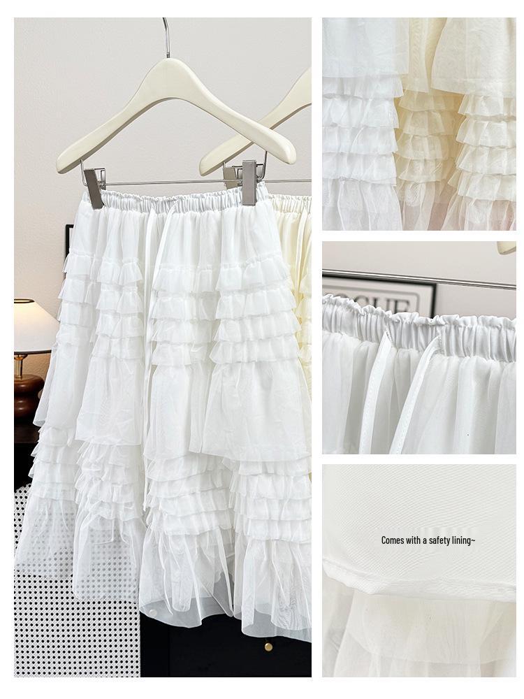 Korean Style Ruffle Mesh Layered Skirt - Women's Puffy Mid Skirt for Spring/Summer