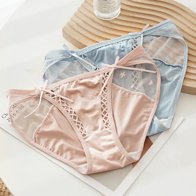 CINOON Bragas sexis para mujer, calzoncillos de encaje con empalme de malla y pajarita, bragas de tiro bajo, lencería suave y transpirable de seda helada