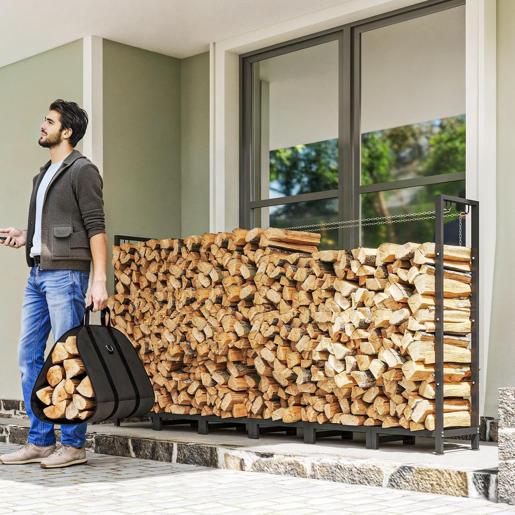 0.8m³ Adjustable Log Store with Waterproof Cover and Steel Chains, 235x31x116 cm, Black