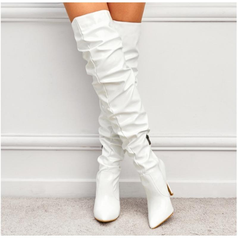 Fashion Red White Boots Winter Sexy High Heels Women Patent Leather Thigh High Boots Pointed Toe Waterproof Long Boots