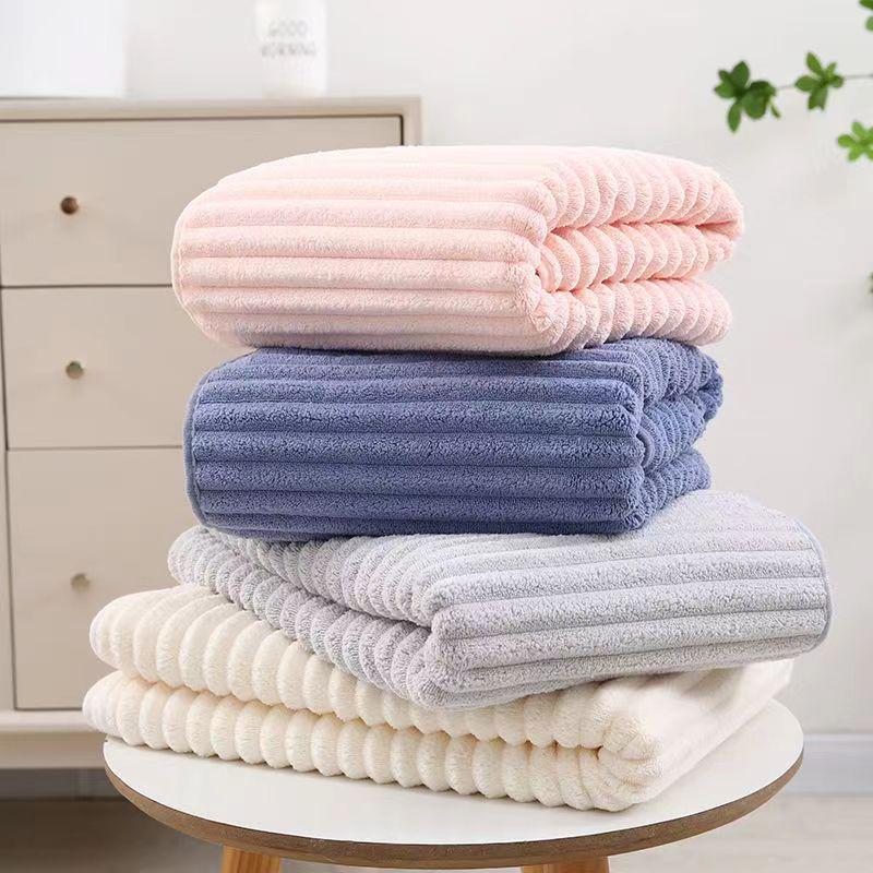 Candy Stripe Coral Fleece Towel - Thick & Soft, Water-Absorbent, Perfect for Bath, Face, and Hair Drying.