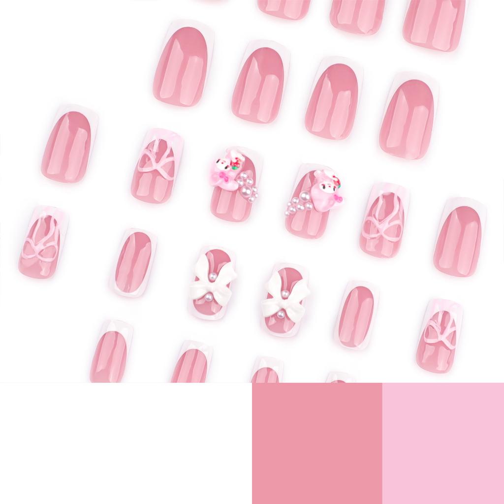 Sweet Pink French White Edge Wearing Nail Three-dimensional Bow Fake Nail Short Square Manicure Nail Piece