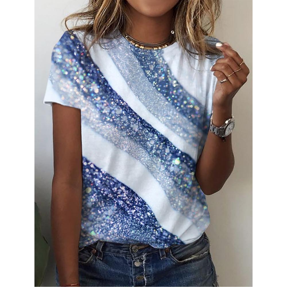 Letni damski top z krótkim rękawem z nadrukiem 3D w kwiatowy wzór z gradientem, modny T-shirt z dekoltem O, kwiatowa tekstura