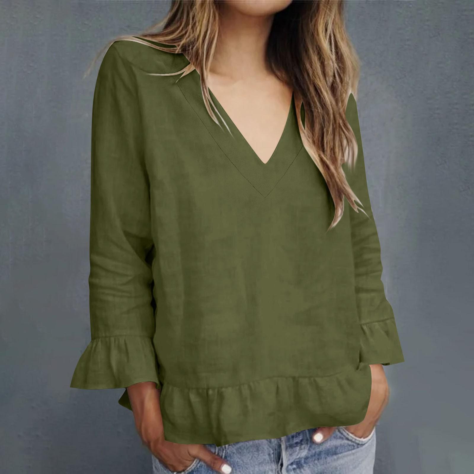 

Women s Fashionable V-neck Solid-color Pullover Casual Top L армія зелений колір