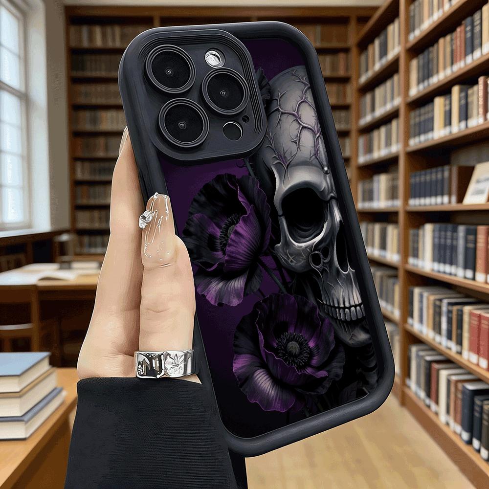 Skull Black Purple Poppies Shockproof Soft Phone Case For Xiaomi Redmi Note 15 14 13 12 11 10 9 8 Pro Anti-Slip Anti-Fall Cover