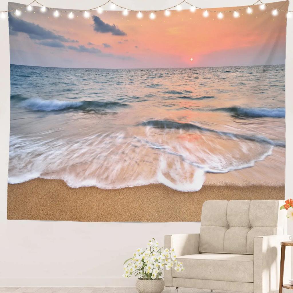 Ocean Sunset  Landscape Tapestry Purple Clouds and Gloden Sunshine Tapestry Wall Hanging Decoration for Dorm Living Room Bedroom