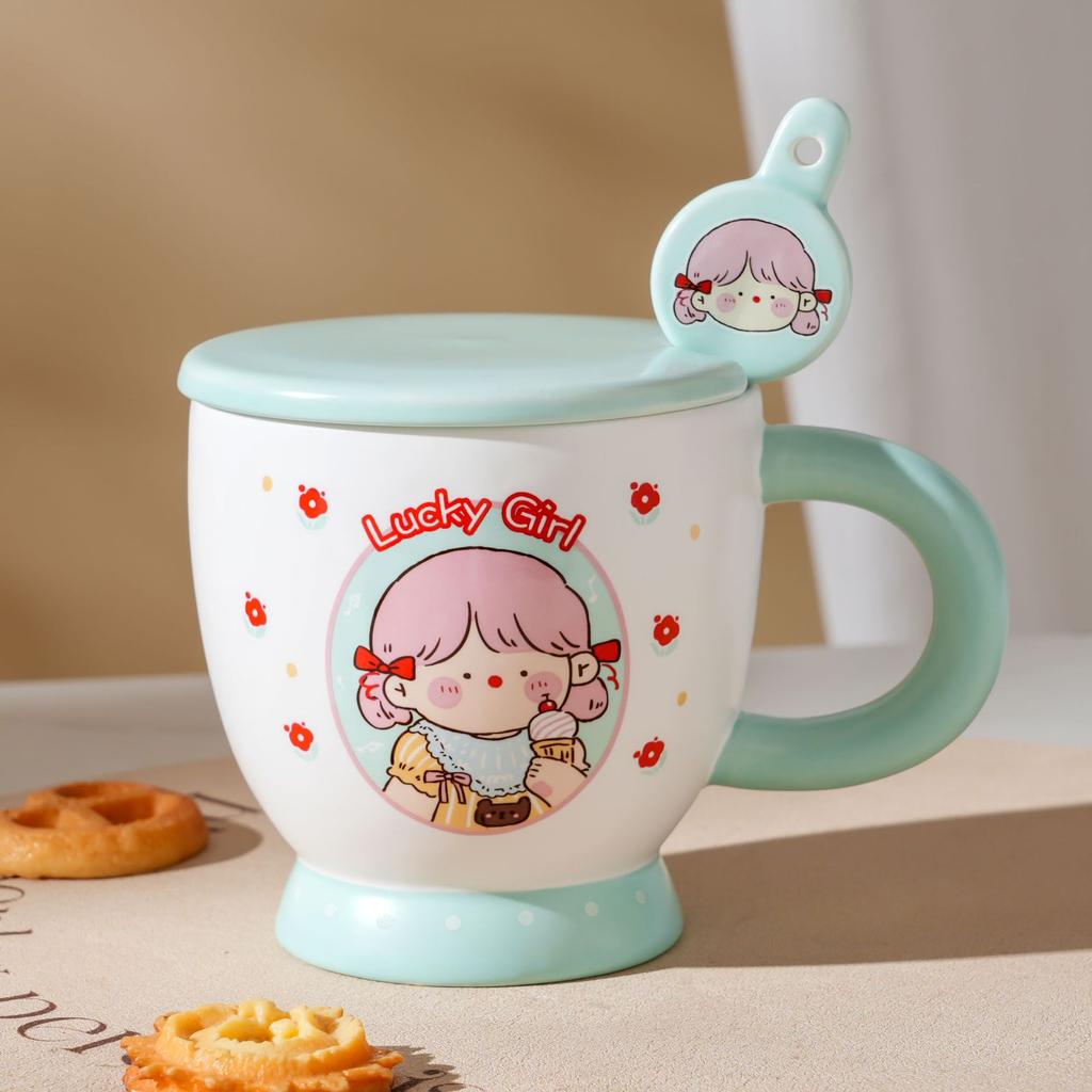 Milk Fufu Mug with Lid Spoon Comics Kids Ceramic Cup High End Couple Water Cup Internet Celebrity Breakfast Cup