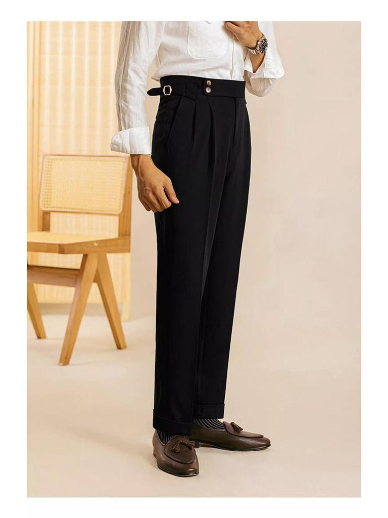 Męskie spodnie neapolitańskie high-end slim-fit, skrócone - ekskluzywne Tony Teacher, styl lekko dojrzały.