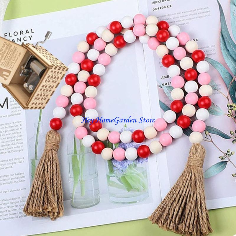 652F 2Pcs Handmade Graduation Party Farmhouse Rustic Bead Garlands with Tassels DIY Wall Hanging Pendant Home Decoration