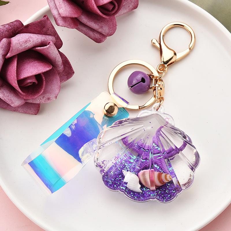 Korean Style Acrylic Quicksand Starfish & Seashell Keychain with Iridescent Laser Leather Cord