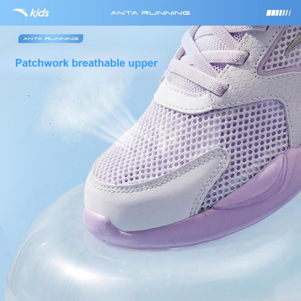 Anta Kids Mesh Breathable Shock Absorbing Wear Resistant Non-Slip Low Top Running Shoes Kids Running Shoes White Purple A322425509-1