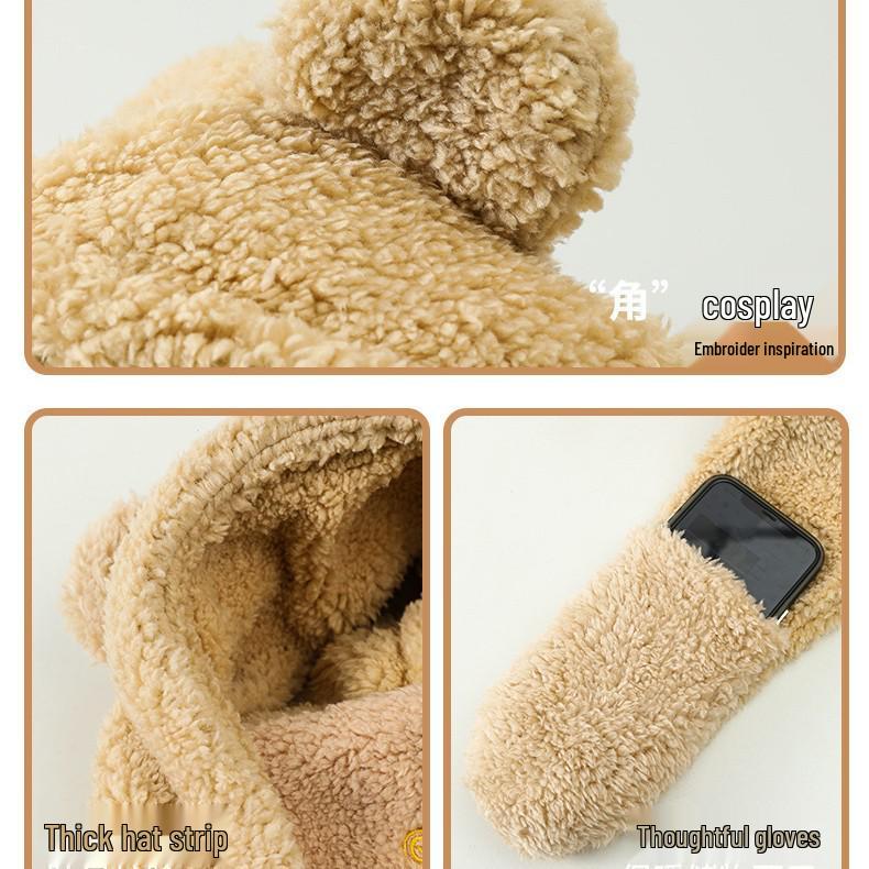Women's 2024 Winter Little Bear Plush Hooded Scarf Set - Warm Three-Piece Neck Warmer