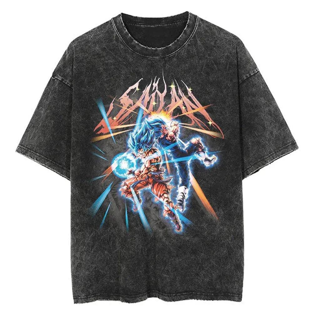 

Hip Hop Streetwear Anime Dragon Ball Print Oversized Men T-Shirt Washed Vintage Casual Cotton Tee S