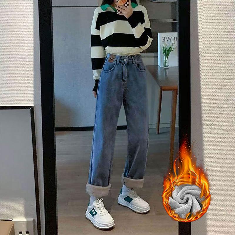 

Женские плюшевые джинсы с высокой талией: Кожаные, теплые, свободные, широкие брюки для осени/зимы. L