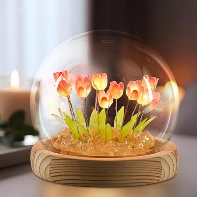 Tulips Night Light Cute Flower Lamp In Glass Dome,Romantic Home Room Decor, Anniversary Birthday Gift for Women Girlfriend Mom
