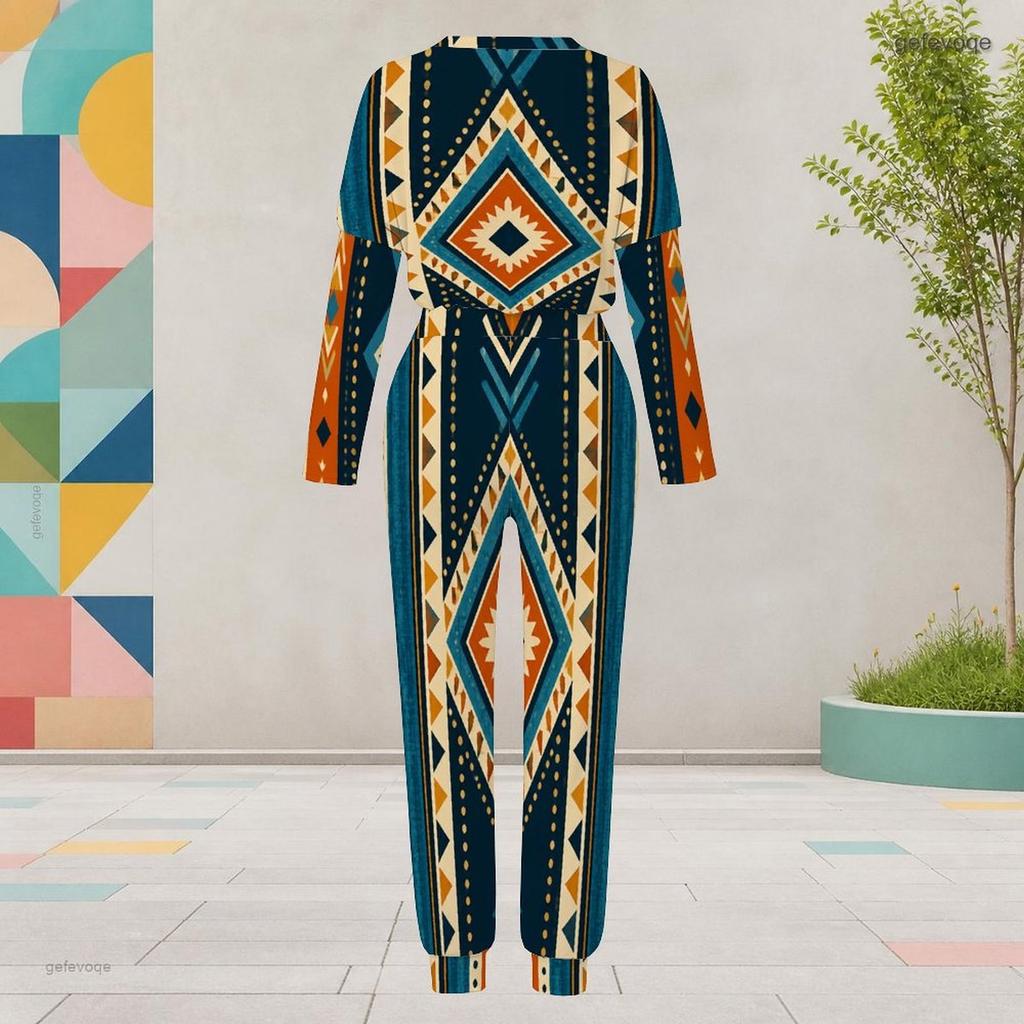 Women Plus Size Round Neck Long Sleeve Brown Plaid Printed Two Piece Set Cuffed Top Cuffed Pants With Pockets