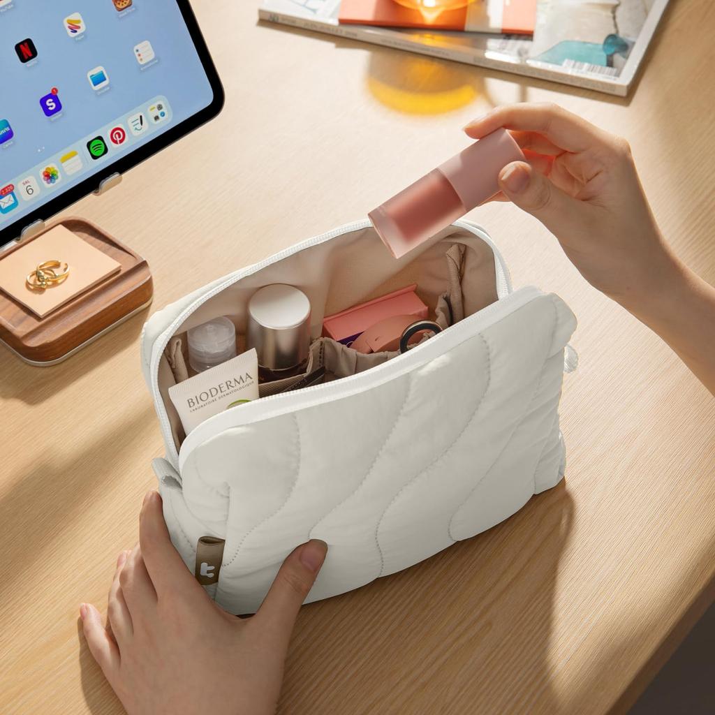 tomtoc Fluffy Gadget Small Item Travel Lightweight Quilted Soft and Cute for Cosmetic Makeup Gadget Travel Convenient Glacier Pouch, Storage, Pouch,