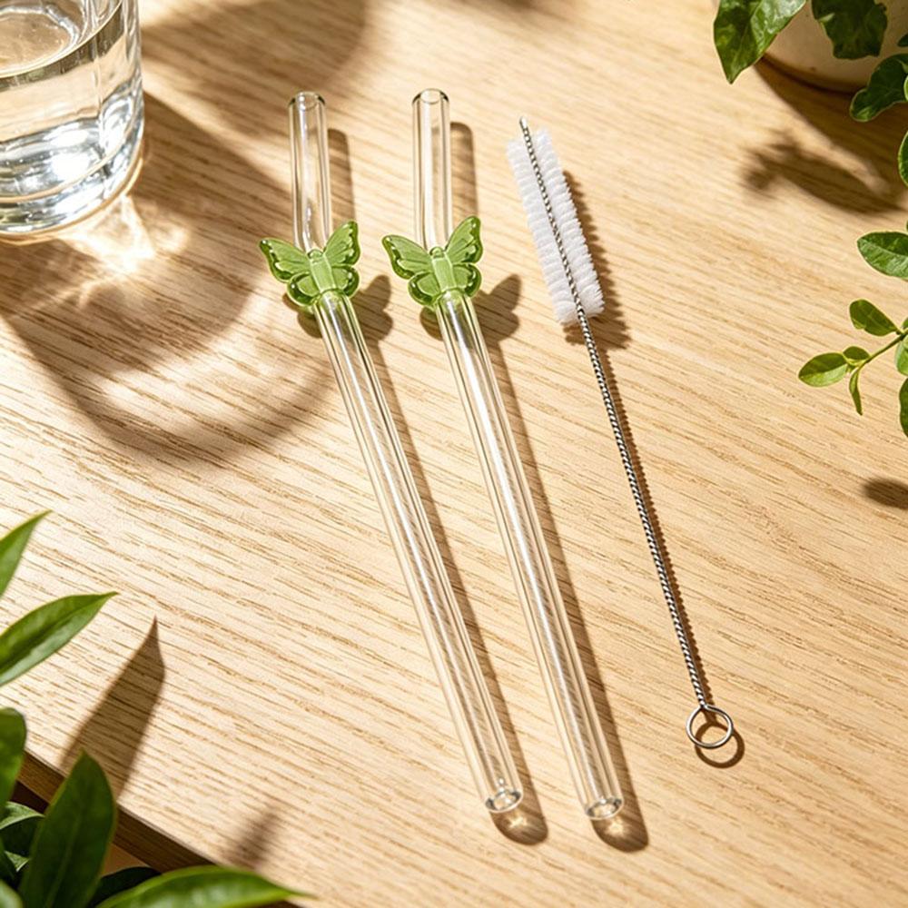 3Pcs Cute Butterfly Straw Reusable Glass Tube Durable Straws For Smoothie Cocktail Juice Smoothie Drinks