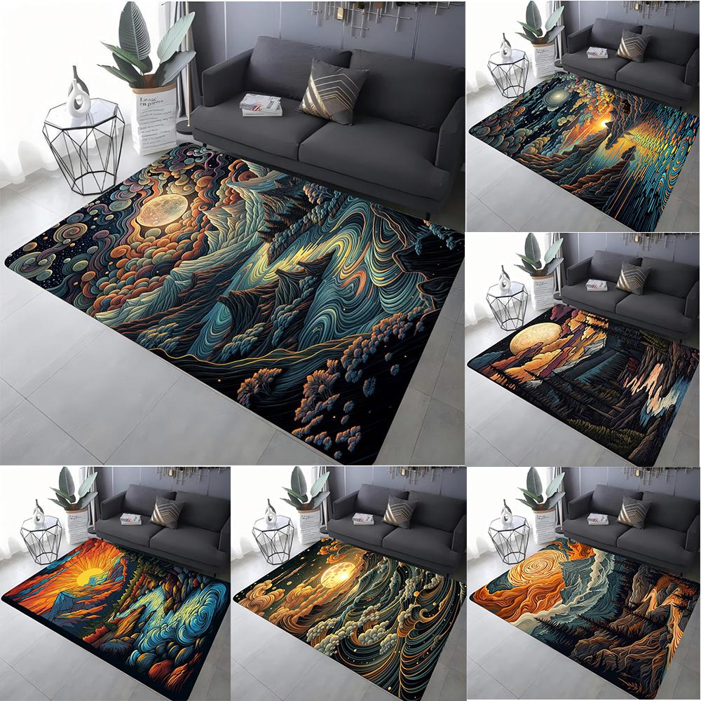 Fantasy Landscape Art Carpet Various Styles With Swirl Mountain Sun Moon Waterfall Patterns Non Slip Rug For Living Room Decor