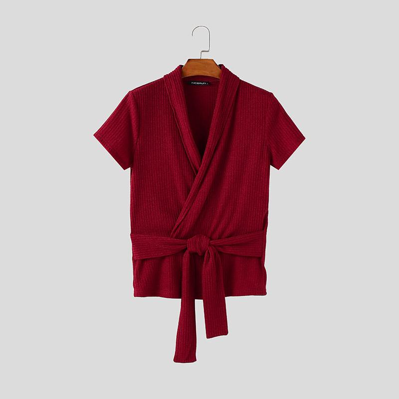 

INCERUN Мужские майки с V-образным вырезом, короткими рукавами, перекрестной повязкой спереди, рубчик, повседневные 2XL вино красного