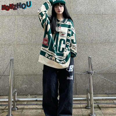 Kadınlar Vintage Büyük Boy Gevşek Kazak Rahat Sokak Giyim Hip Hop Harajuku Yaka Polo Gömlek Kız İçin