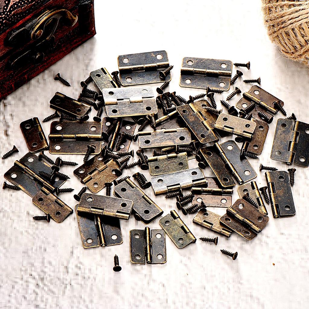50pcs/box Hinges + 200 Screws Iron Golden/Antique Bronze 4 Holes Durable Furniture Hardware 16*13mm Mini Rounded Hinge Decor